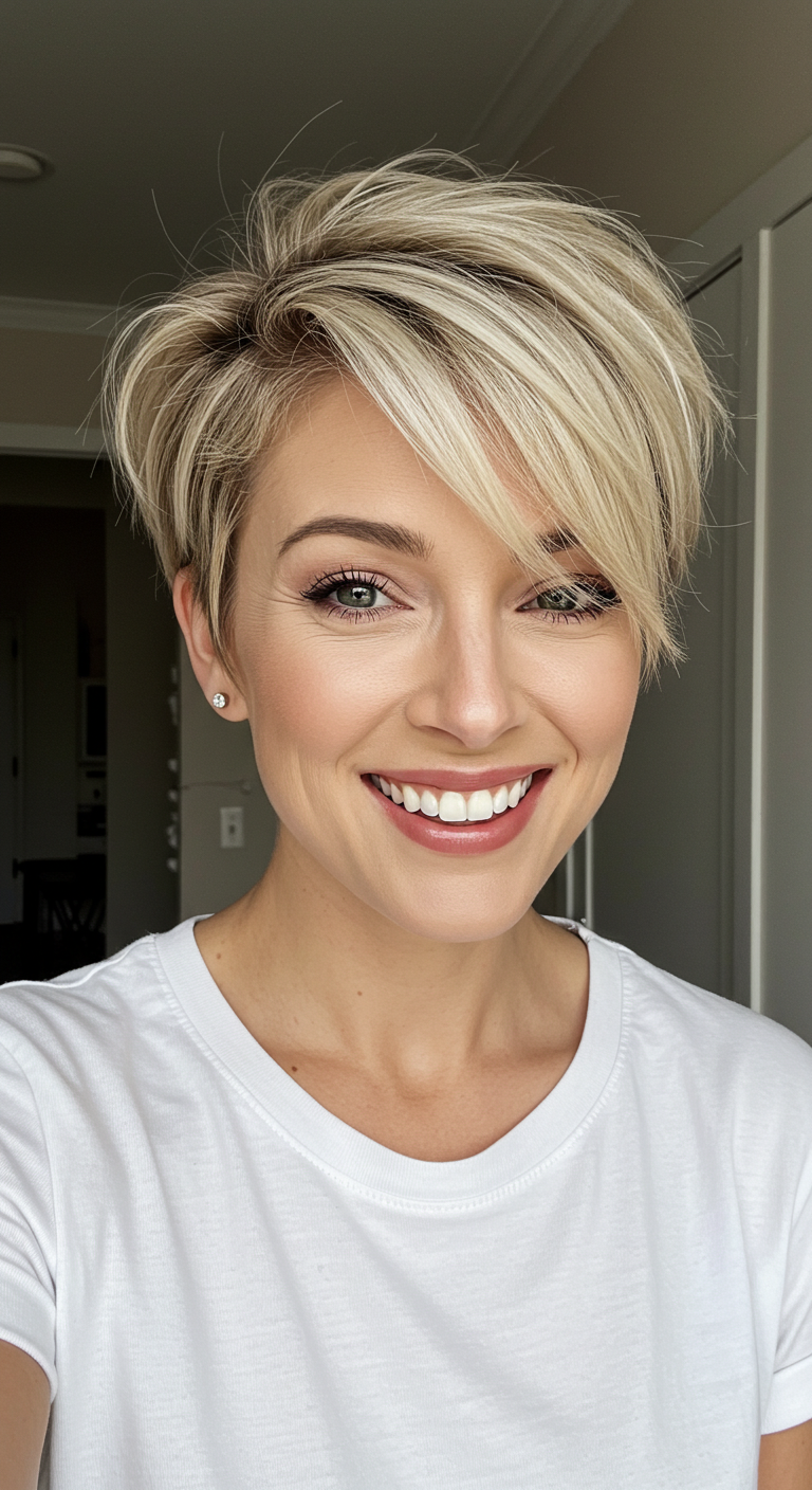 Textured Ash Blonde Pixie Cut with Side-Swept Bangs