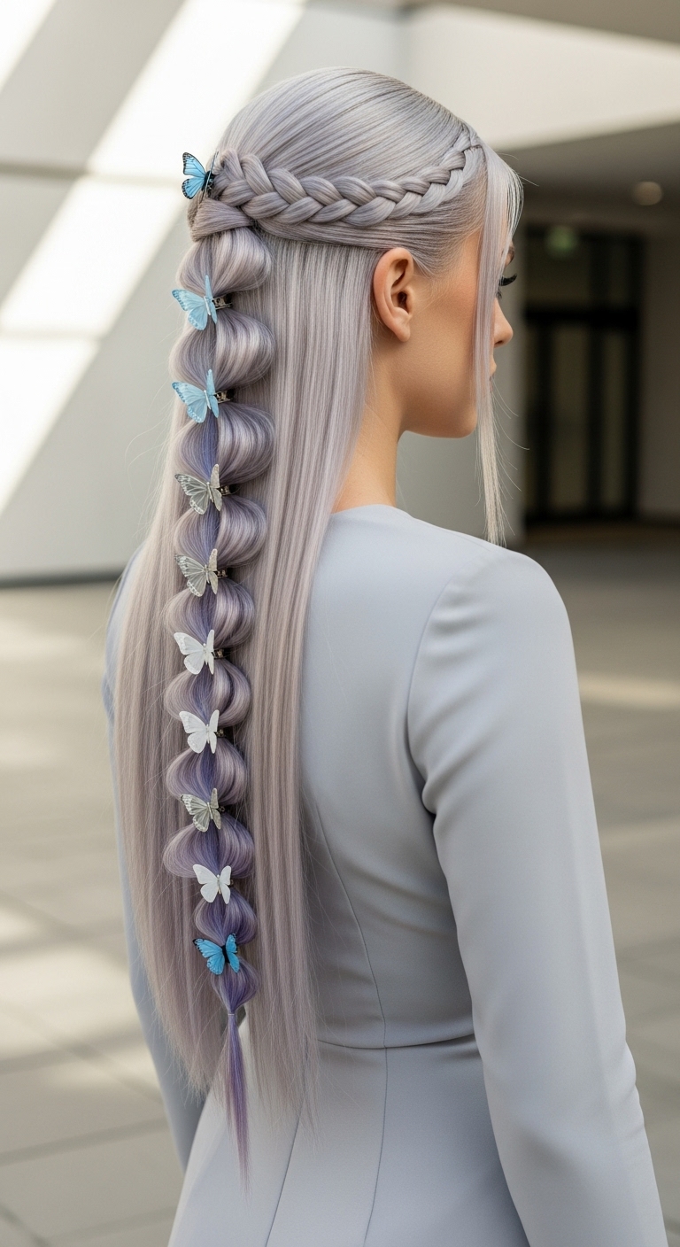 Icy Silver Dutch Crown Braid with Whimsical Butterfly Bubble Ponytail