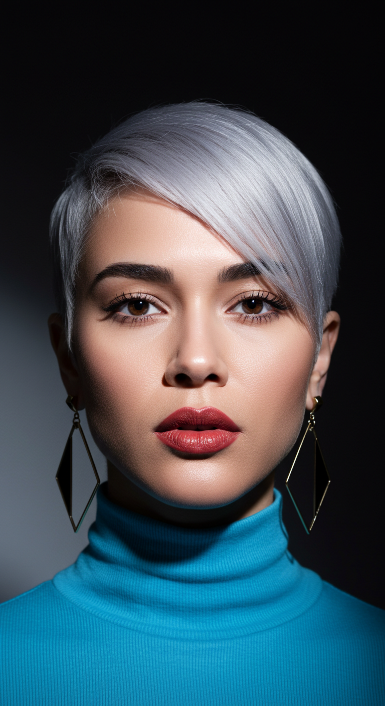Icy Silver Sleek Pixie with Dramatic Side-Swept Fringe