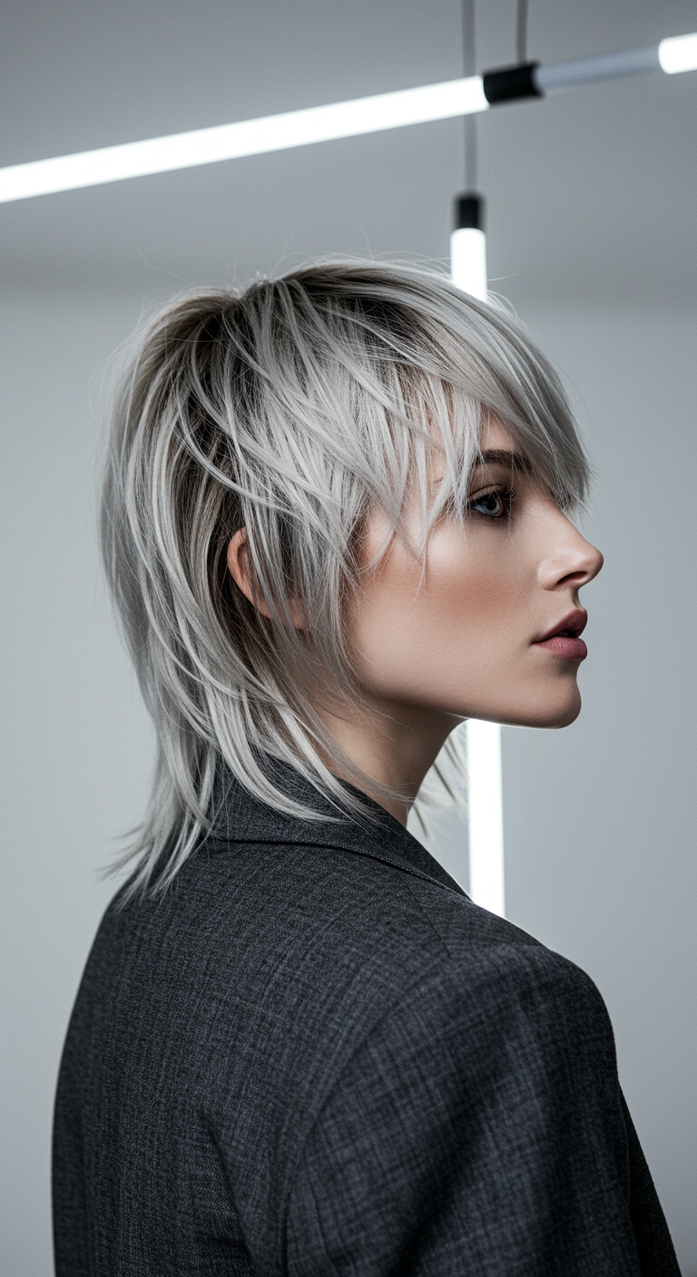 Icy Silver Wolf Cut Shag with Shadow Root