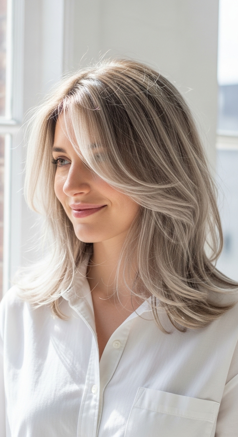 Ash Blonde Layered Lob with Feathered Curtain Bangs