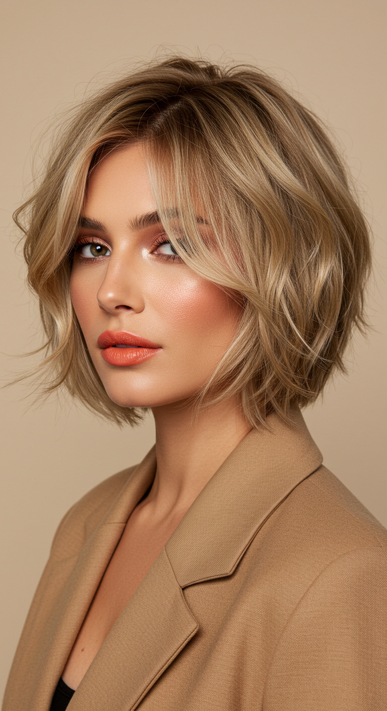 Textured Honey Blonde Bob with Curtain Bangs