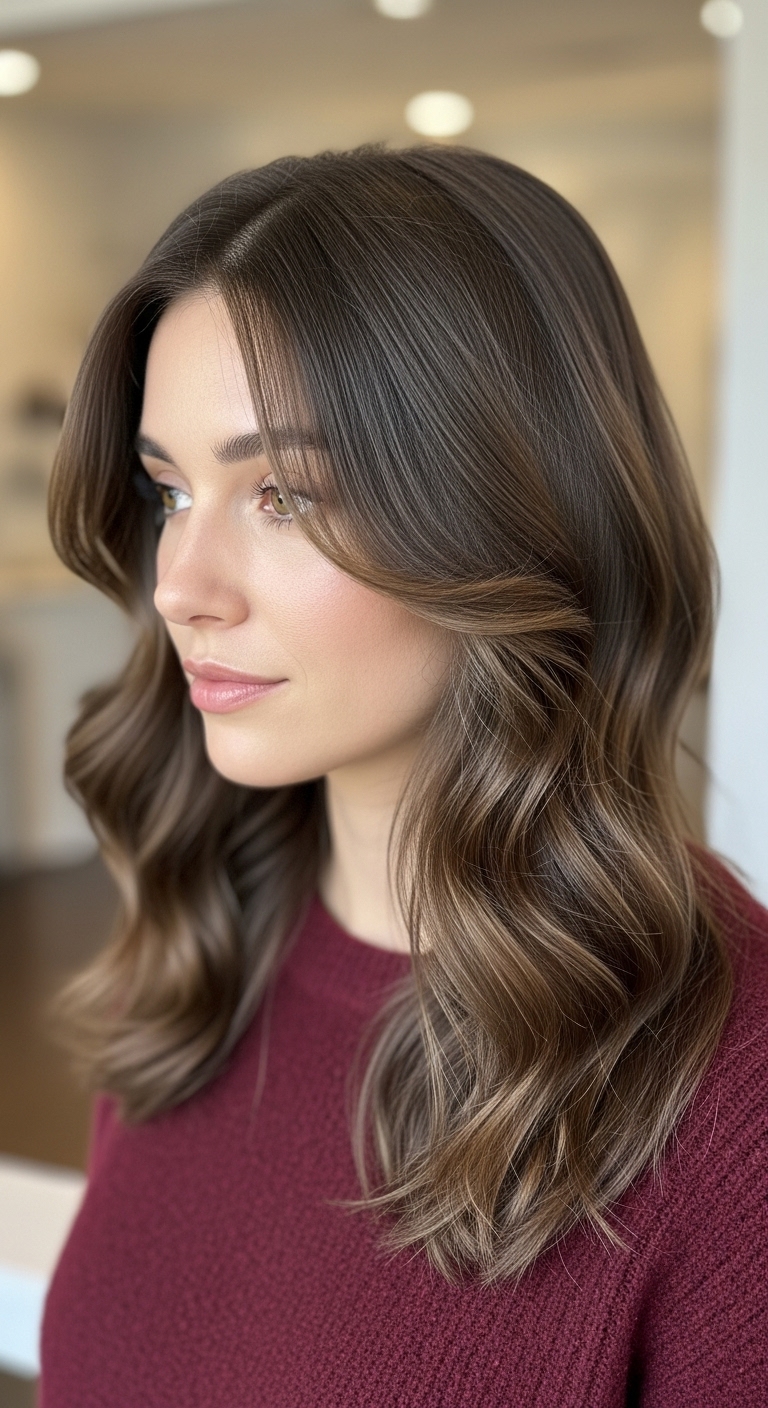 Cool-Toned Brunette Balayage with Flattering Curtain Layers