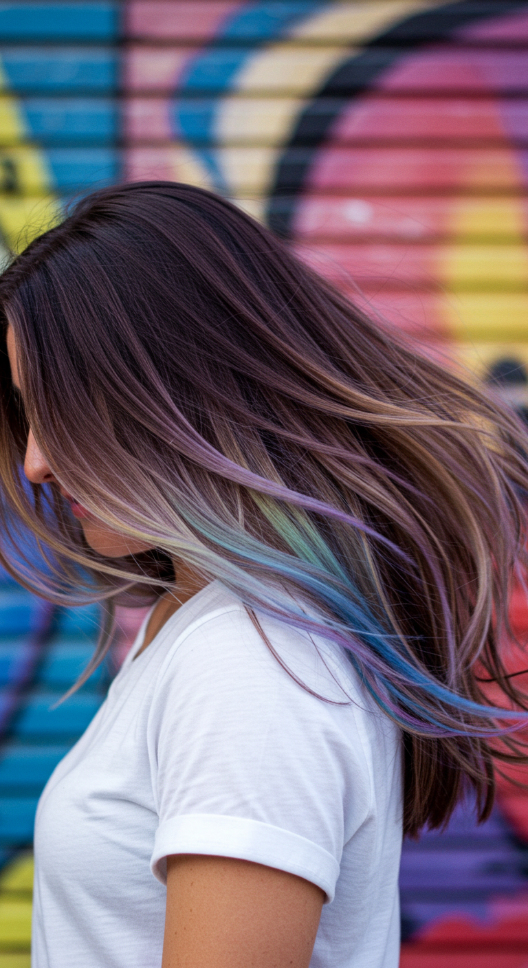 Smoky Ash Brown Blowout with Hidden Pastel Peekaboo Highlights