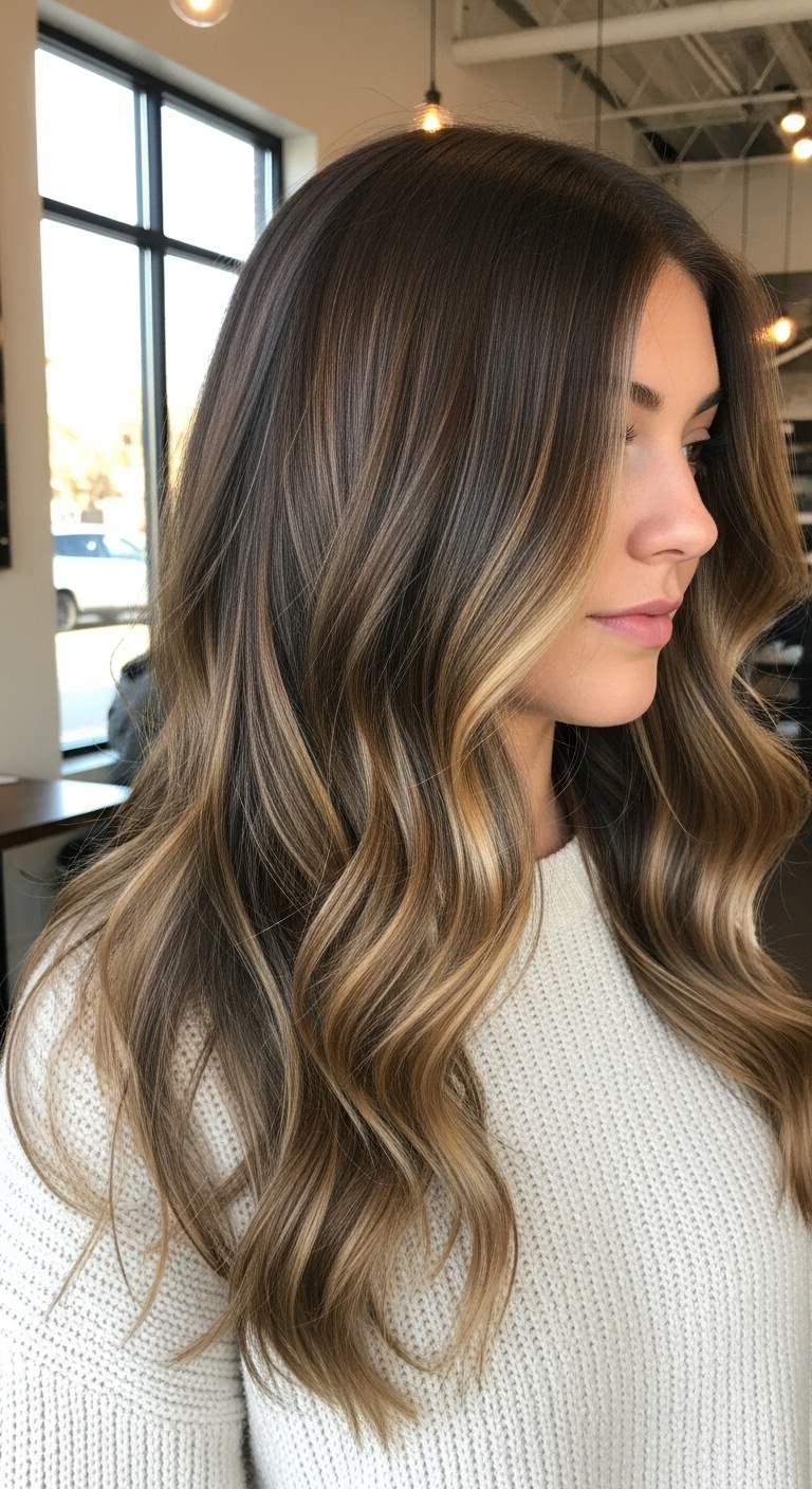 Honey Blonde Balayage on Ash Brown Long Layers