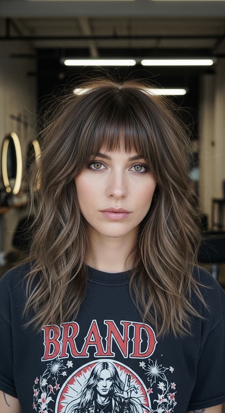 Lived-In Ash Brown Shaggy Lob with Wispy Birkin Bangs