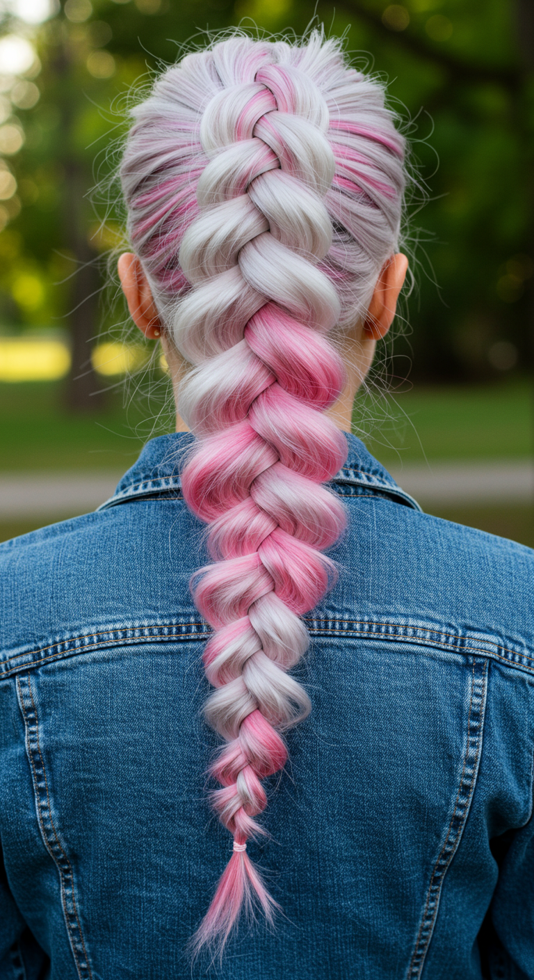 Voluminous Silver and Bubblegum Pink French Braid