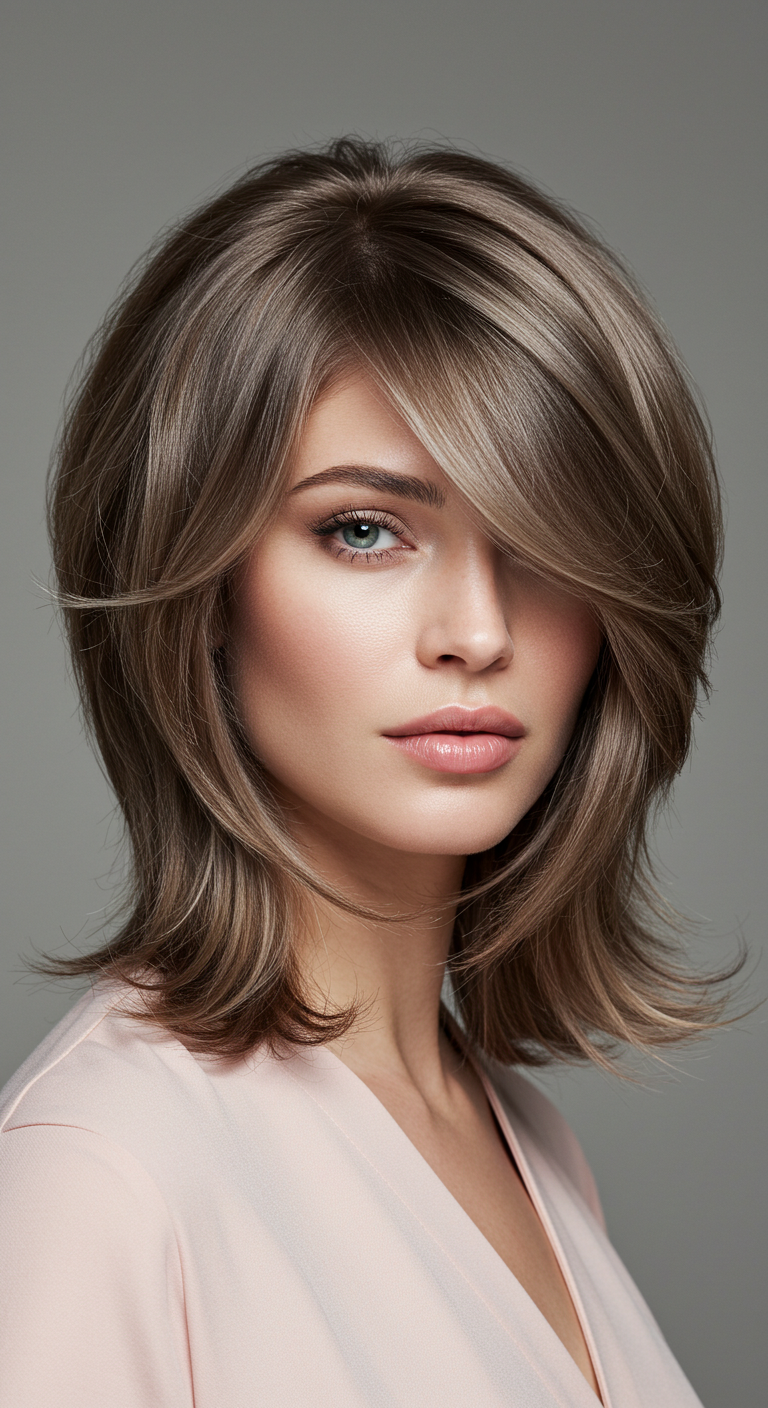 Feathered Ash Brown Lob with Side-Swept Bangs
