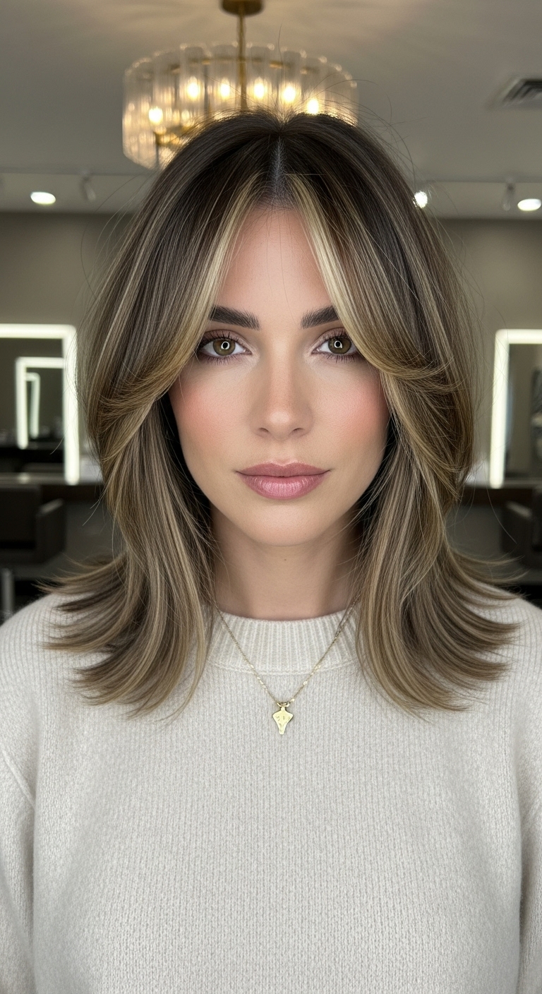 90s Butterfly Blowout Lob with Ash Blonde Money Piece