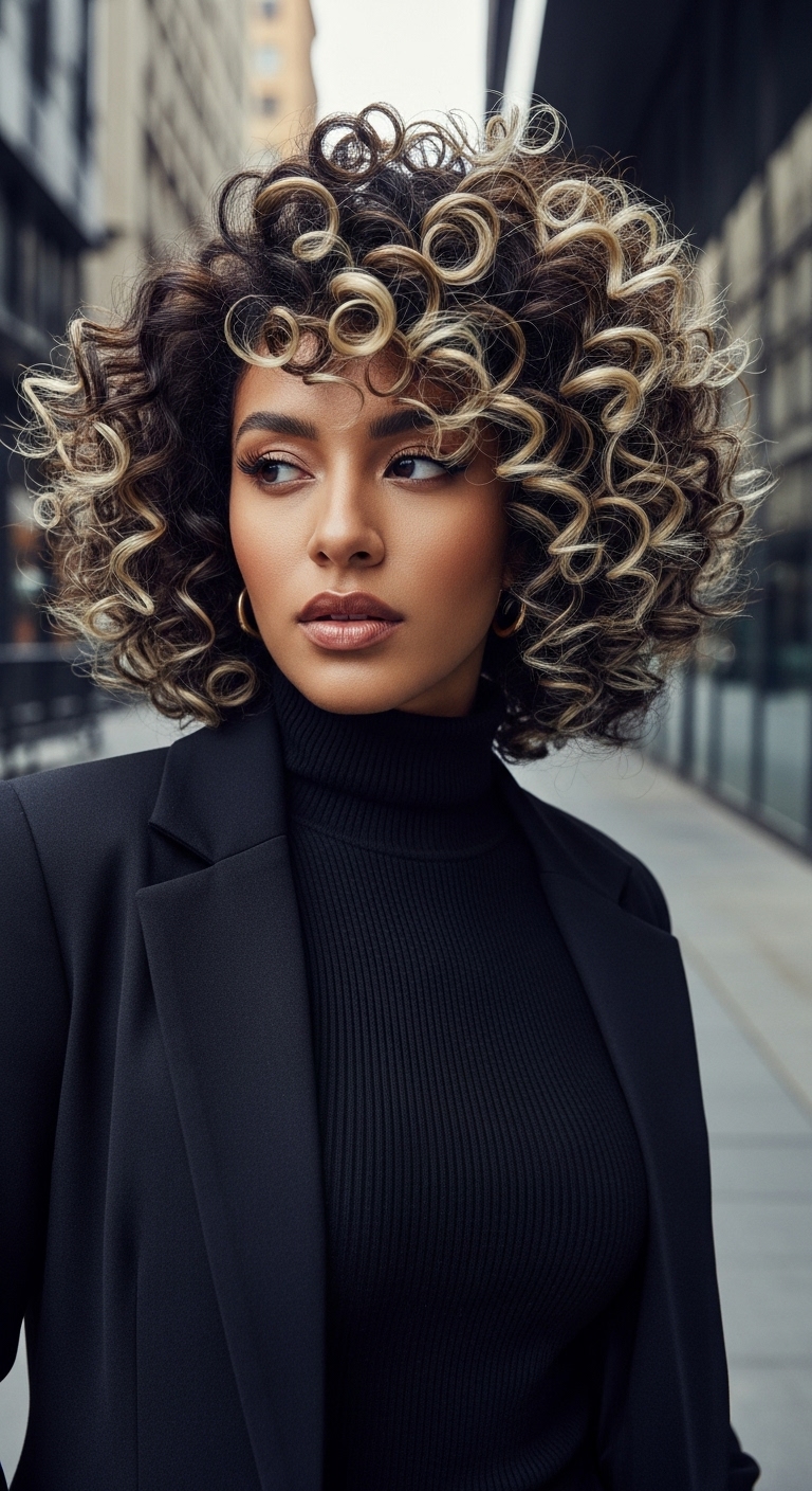 Voluminous Curly Lob with Blonde Pintura Highlights
