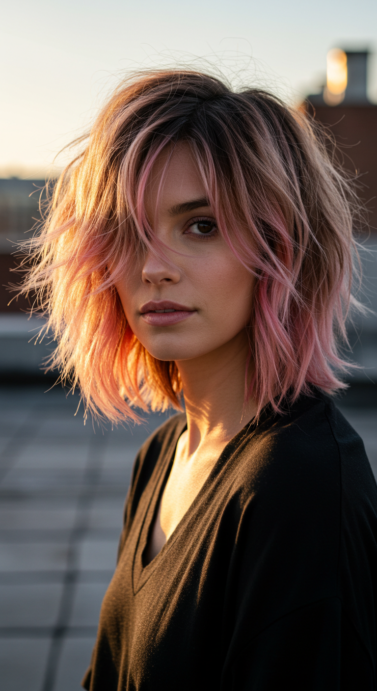 Tousled Shaggy Lob with Pastel Pink Balayage
