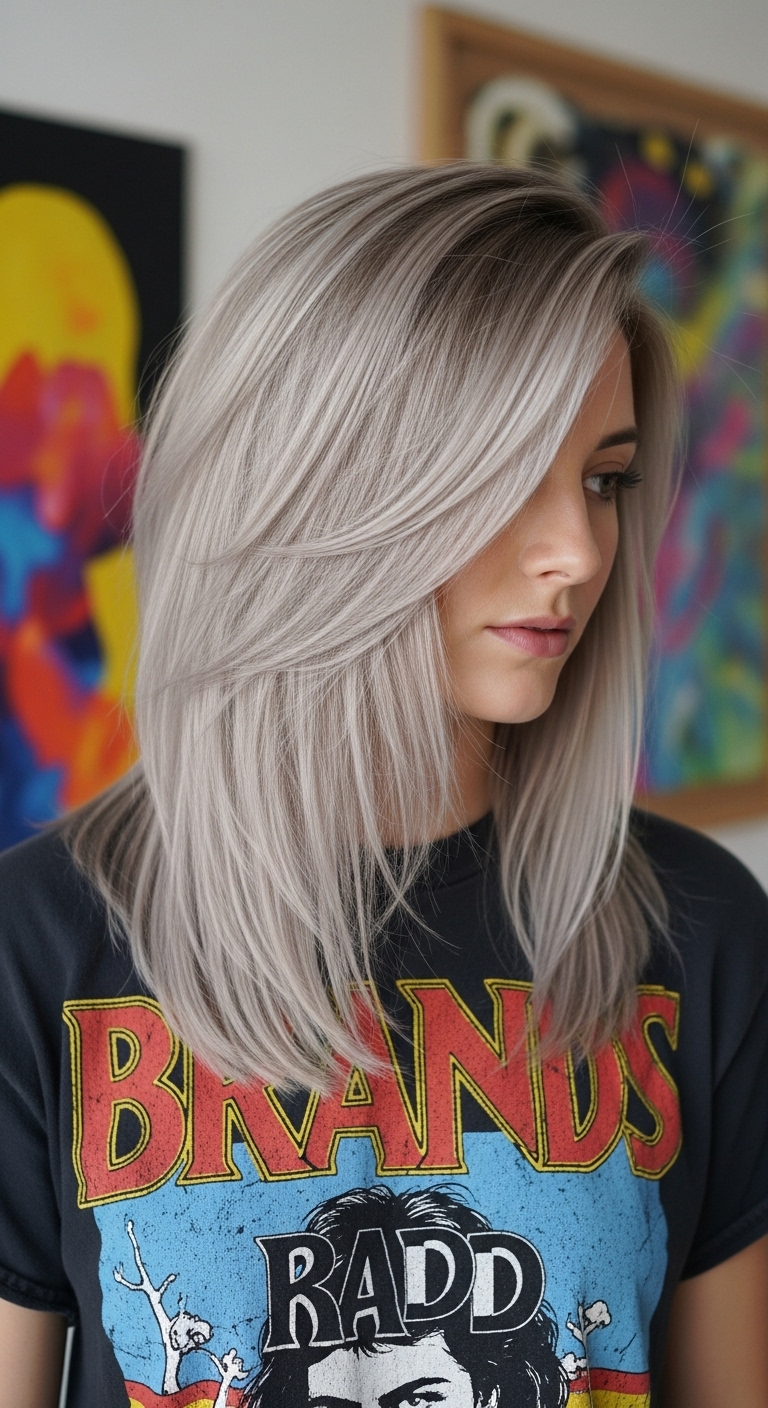 Icy Platinum Lob with Cascading Feathered Layers