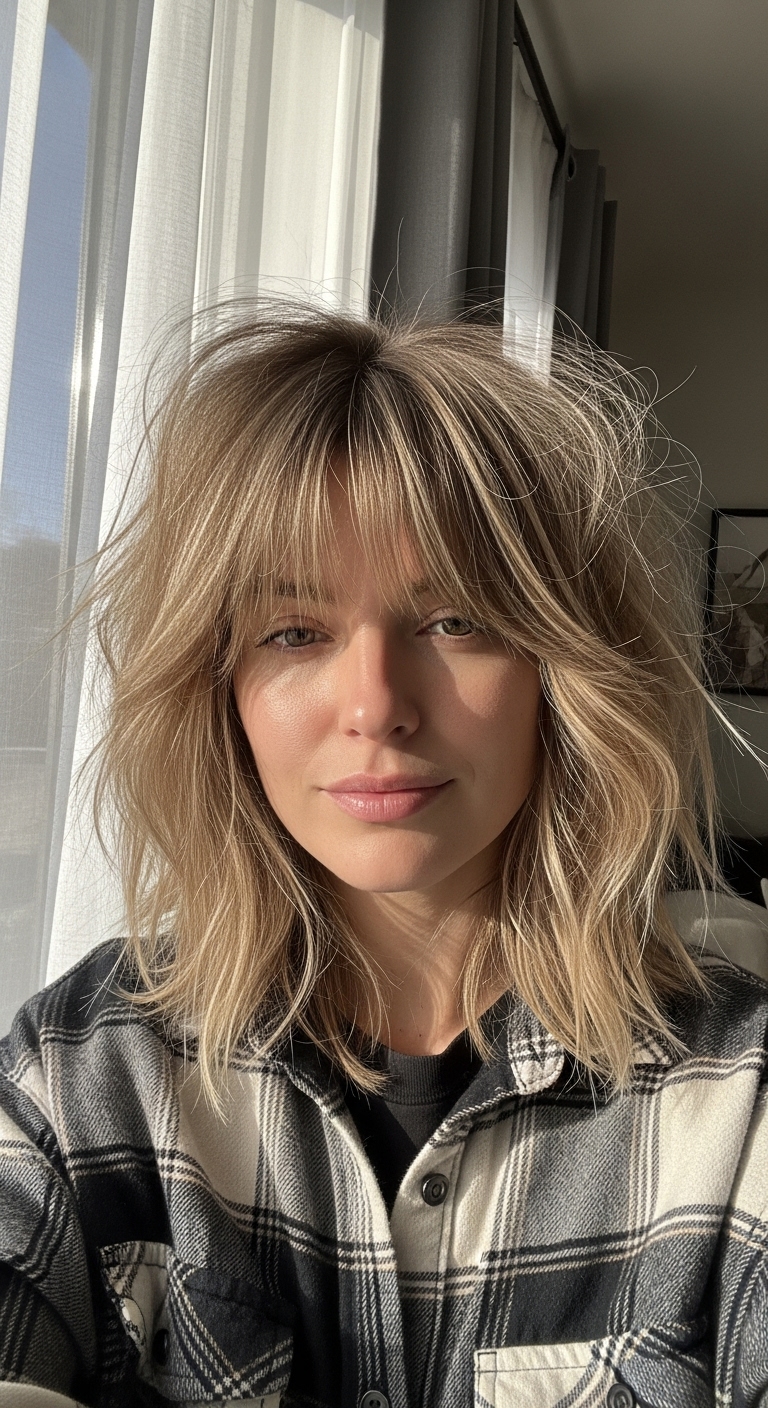 Tousled Shaggy Lob with Wispy Bottleneck Bangs