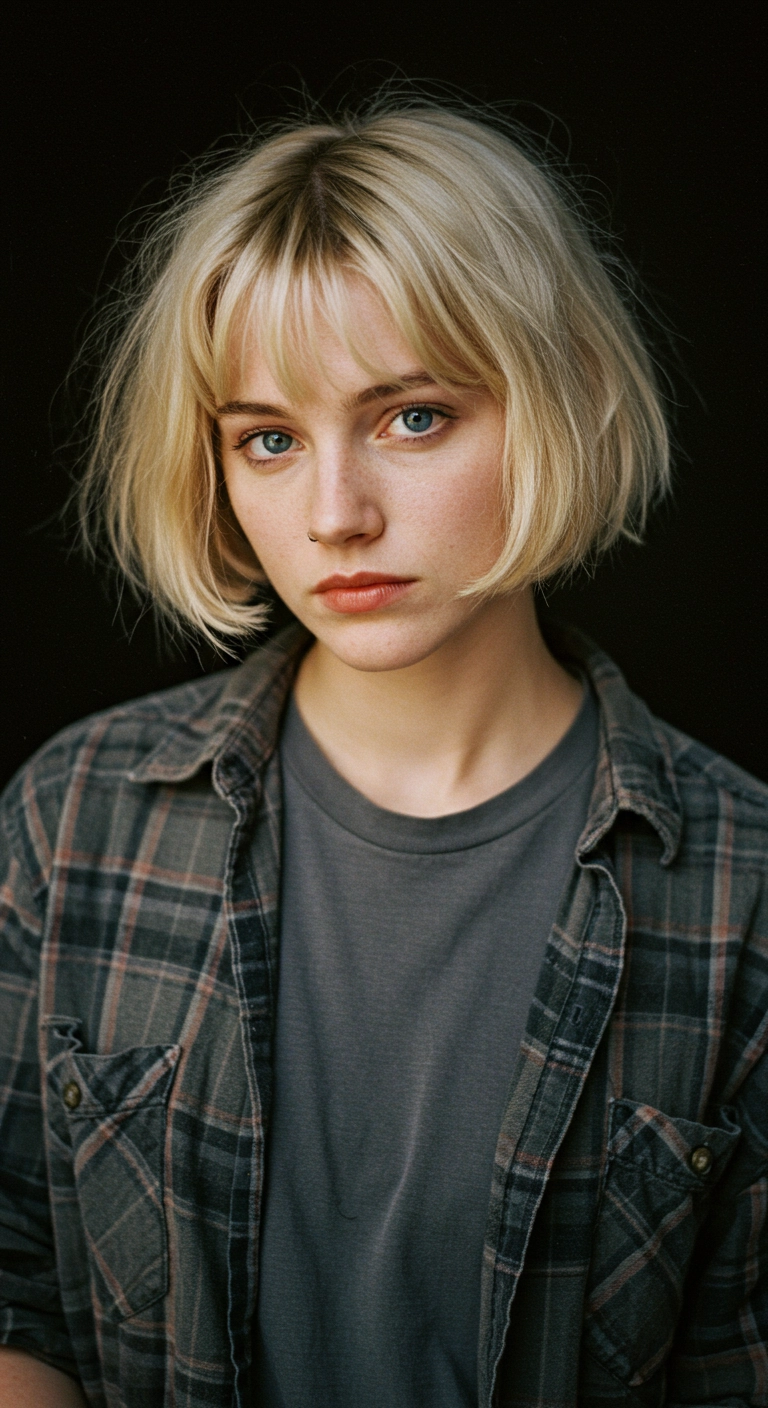 Lived-In French Bob with Wispy Bottleneck Bangs in Pale Blonde