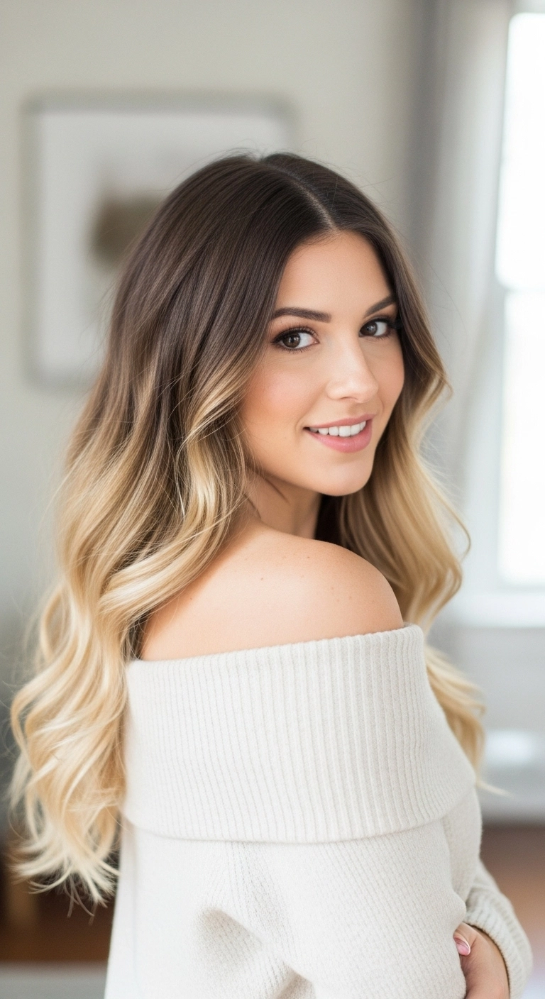 Seamless Brunette-to-Honey Blonde Balayage with Soft Waves