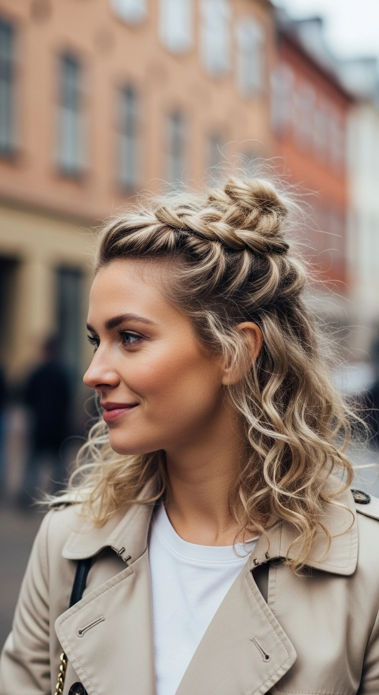 Half-Up Dutch Braided Top Knot with Beach Waves