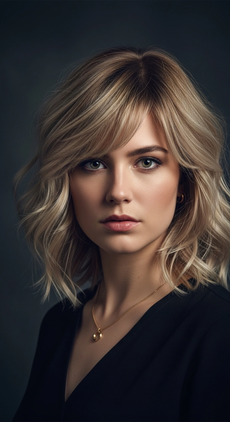 Dimensional Blonde Layered Lob with Swept Bangs