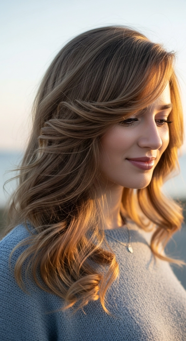 Soft Bronde Layered Blowout with Sweeping Bangs