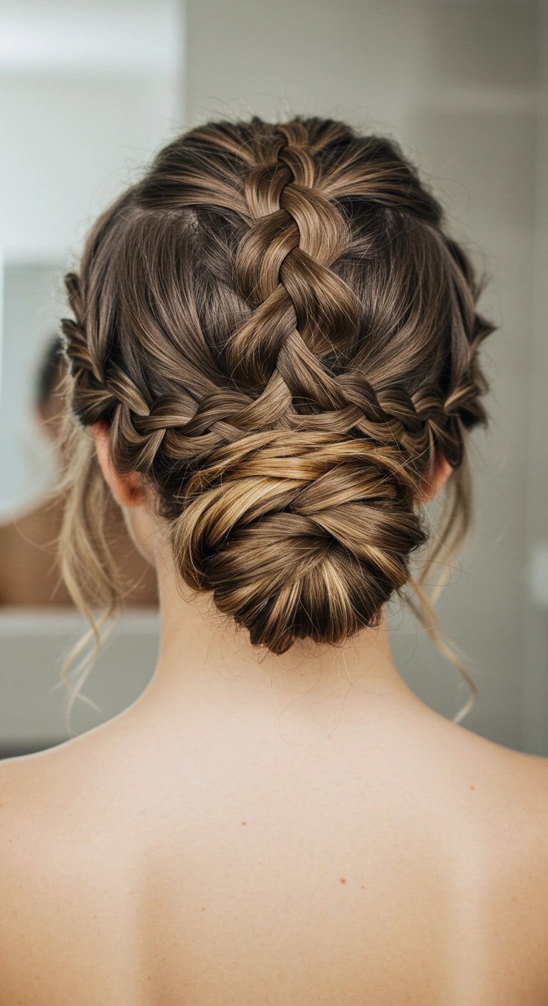 Intricate Braided Low Chignon Updo for Weddings and Formals