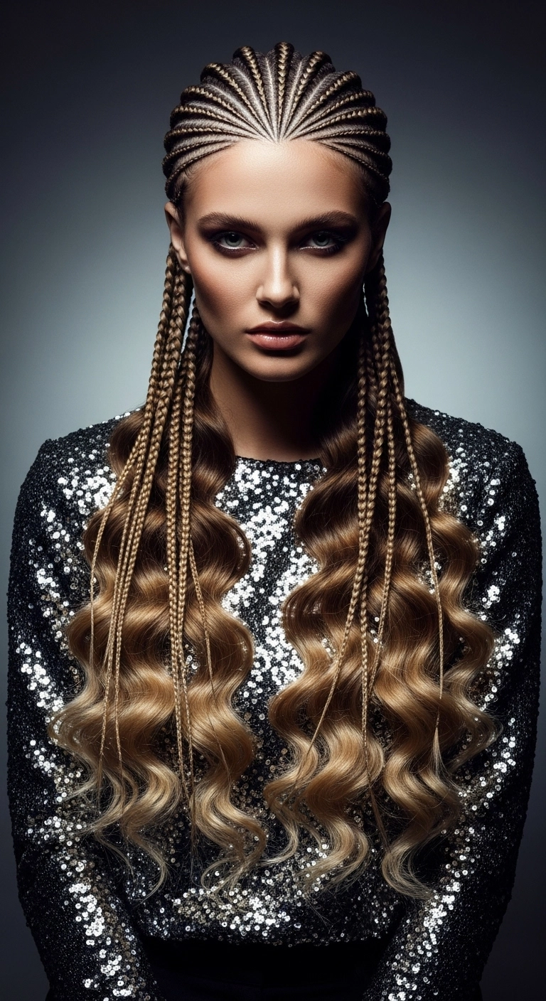 Sunburst Cornrow Crown with Glam Sculpted Waves