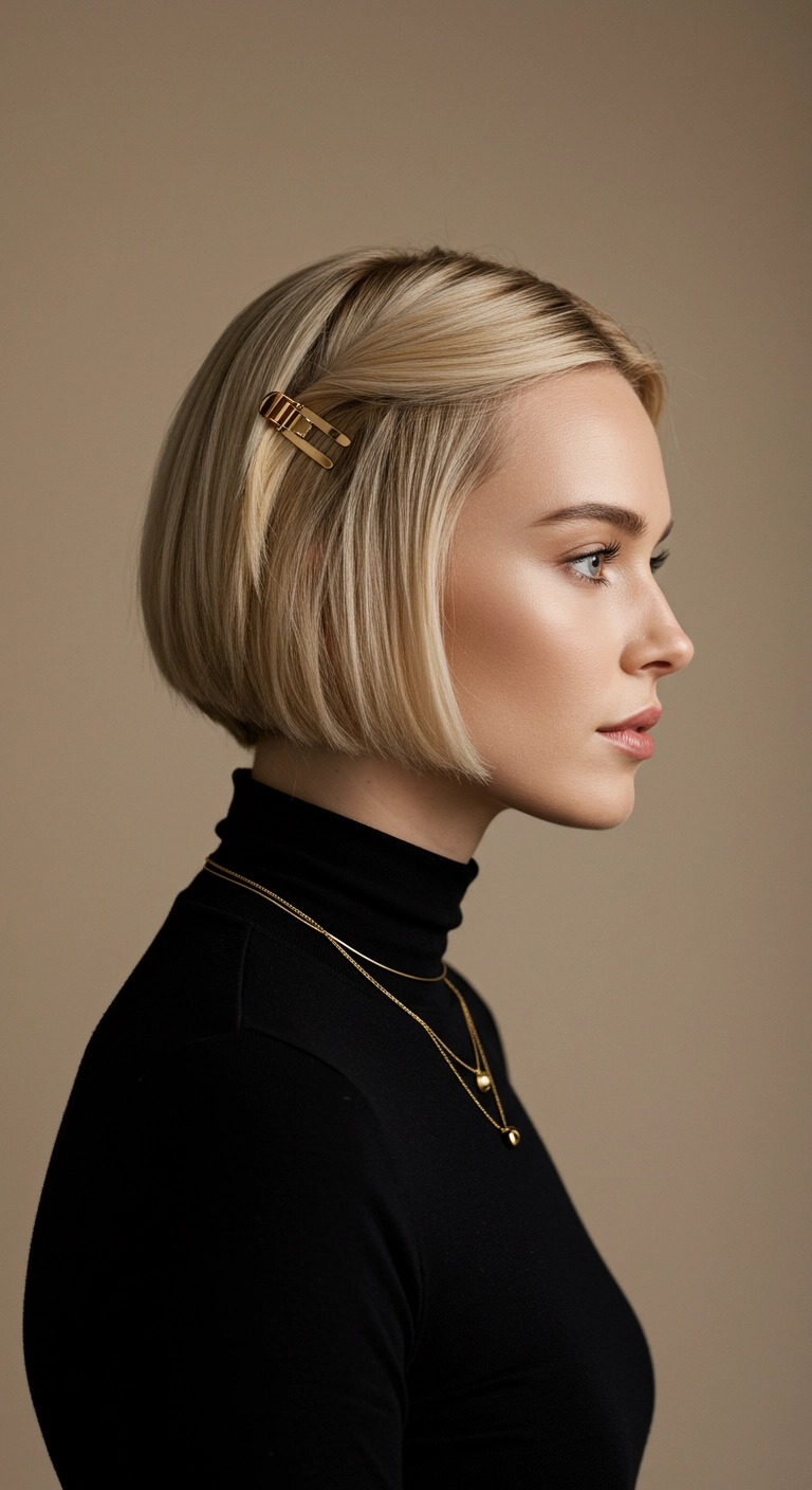 Sleek French Bob with Gold Accent Clip