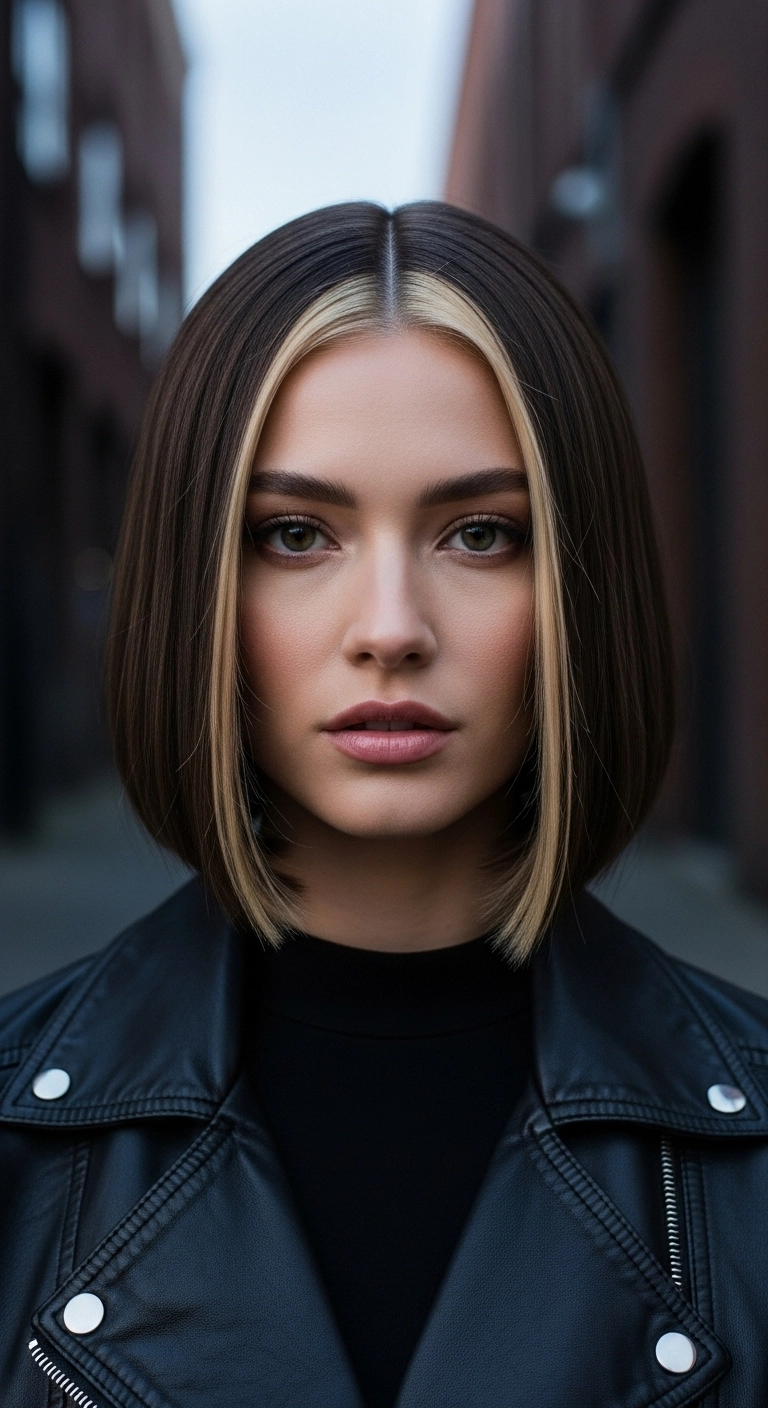 Blunt Brunette Bob with High-Contrast Blonde Money Piece