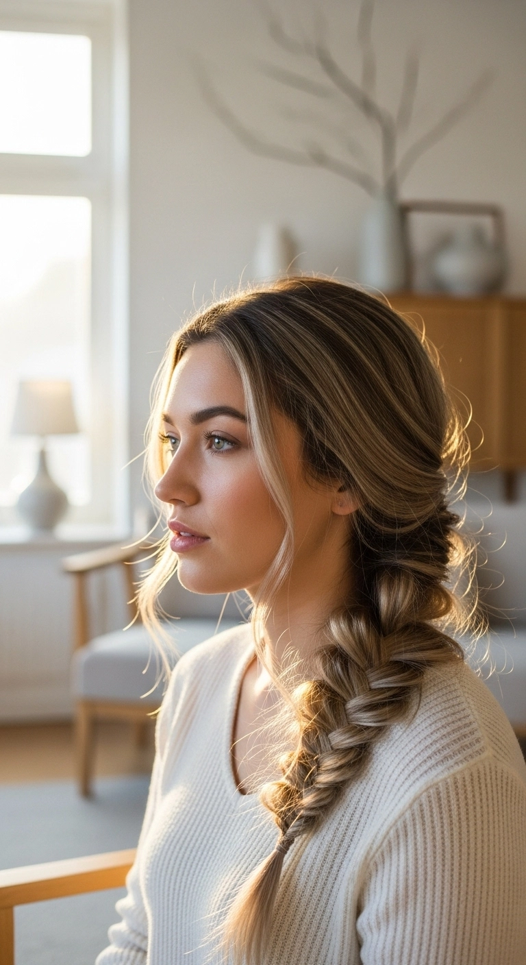 Romantic Lived-In Side Fishtail Braid with Soft Tendrils