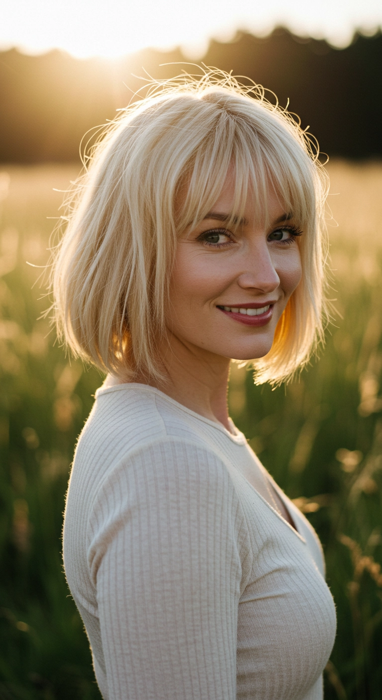 Sunlit Platinum Chin-Length Bob with Wispy Bangs