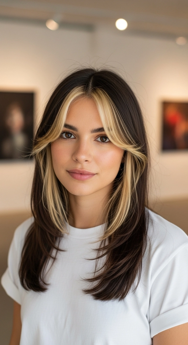 Dark Brunette Face-Framing Blowout with Blonde Money Piece