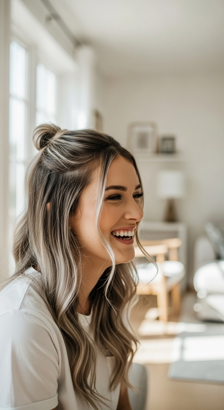 Lived-In Ash Blonde Half-Up Top Knot with Face-Framing Waves