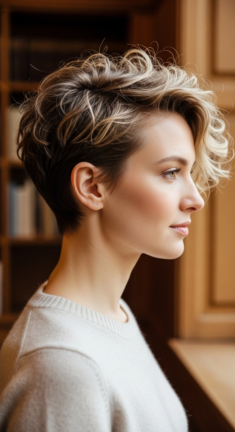 Wavy Layered Pixie Cut with Blonde Balayage