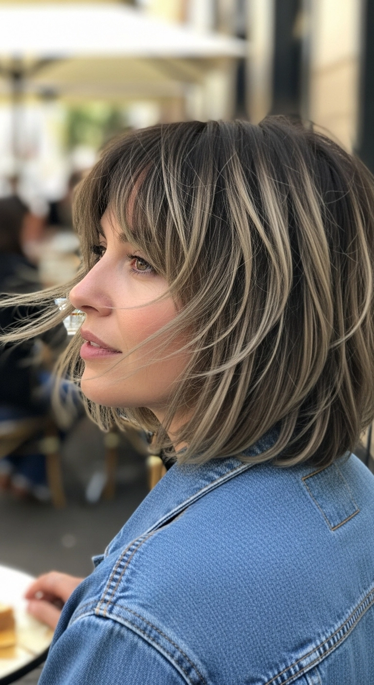 Mushroom Ash Bronde Textured Lob with Wispy Bangs
