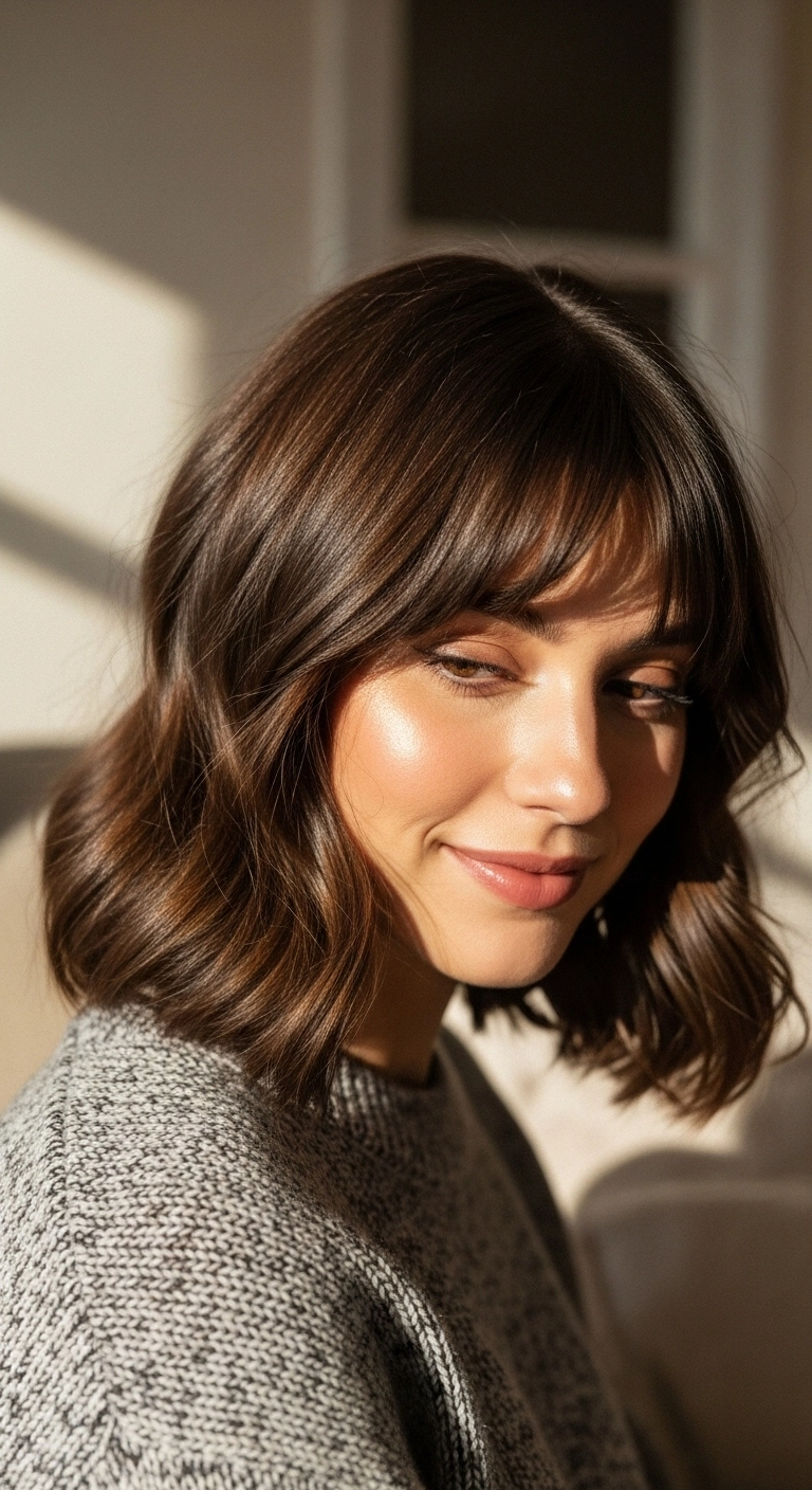 Lived-In Brunette Lob with Wispy French Bangs