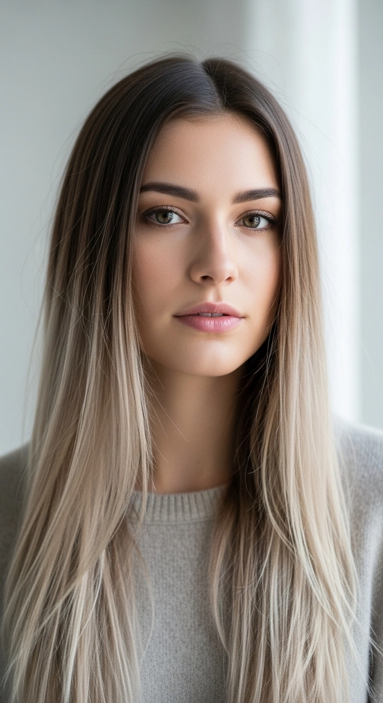 Sleek Ash Brown to Icy Blonde Ombré Blowout