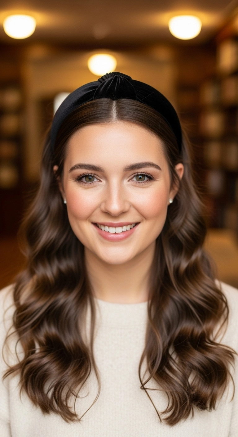 Glossy Chocolate Waves with Knotted Velvet Headband