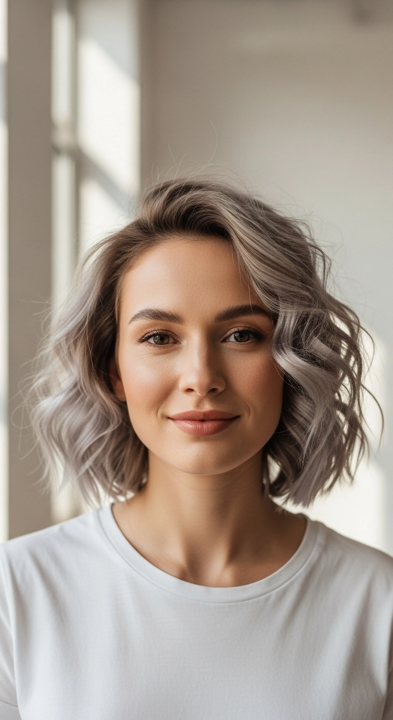 Cool Smoky Silver Shadow Root Wavy Bob