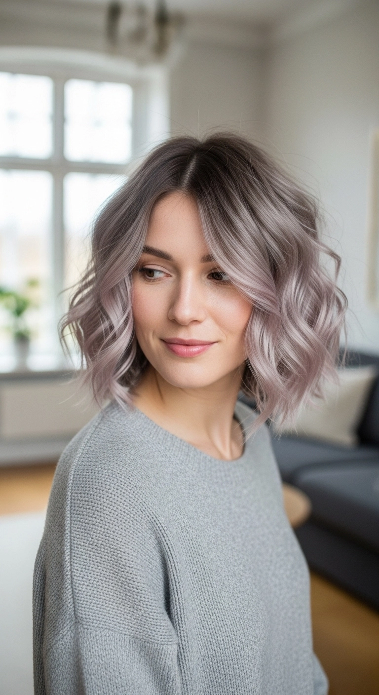Smoky Lilac Shadow Root Lob with Tousled Waves