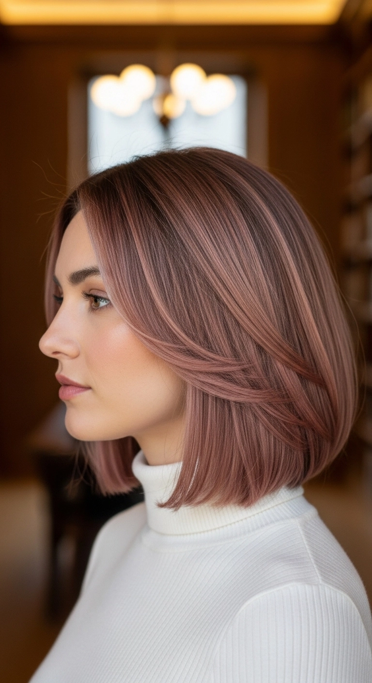 Dusty Mauve Long Bob with Sweeping Curtain Layers