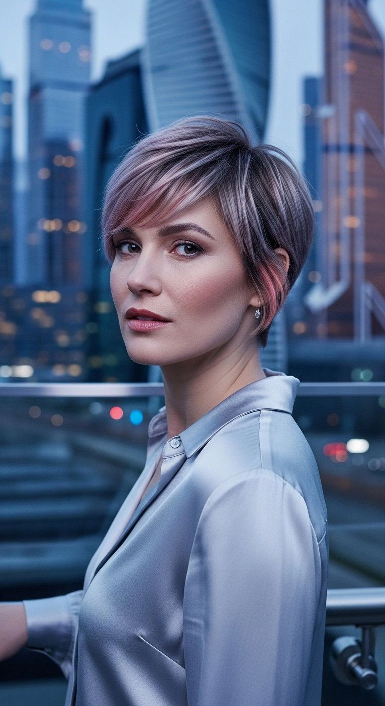 Smoky Ash Pixie Cut with Rose Gold Accents