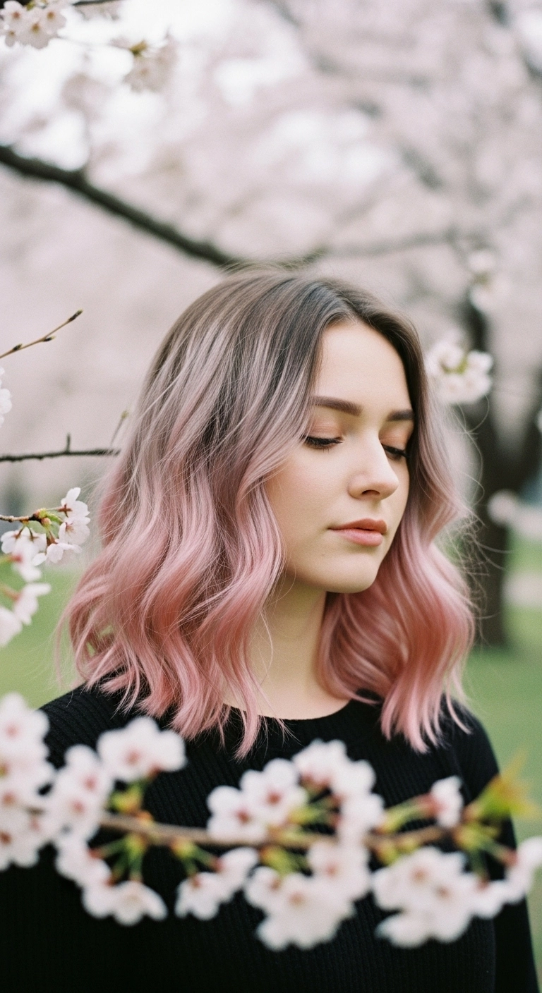 Smoky Ash to Pastel Pink Shadow Root Wavy Lob