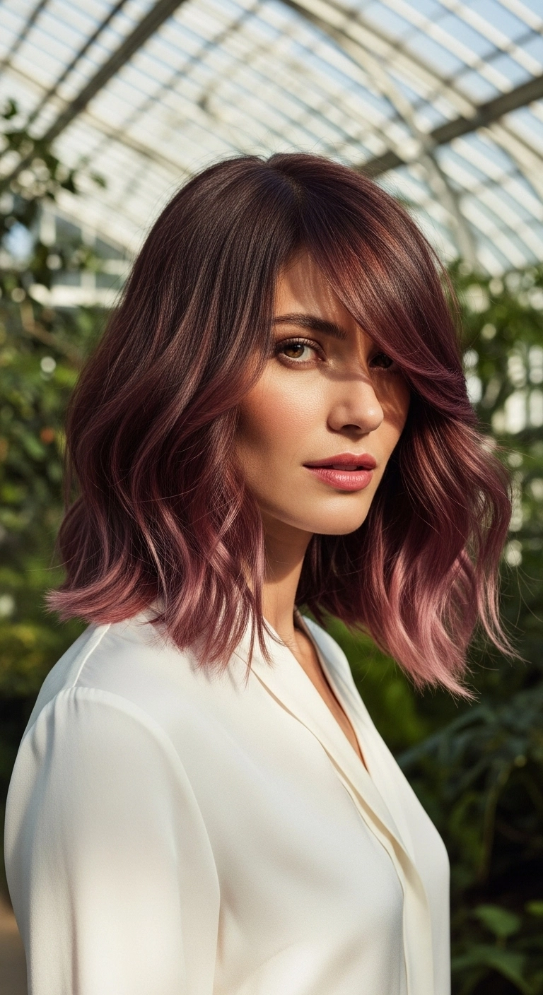 Dusty Rose Brown Lob with Sweeping Fringe