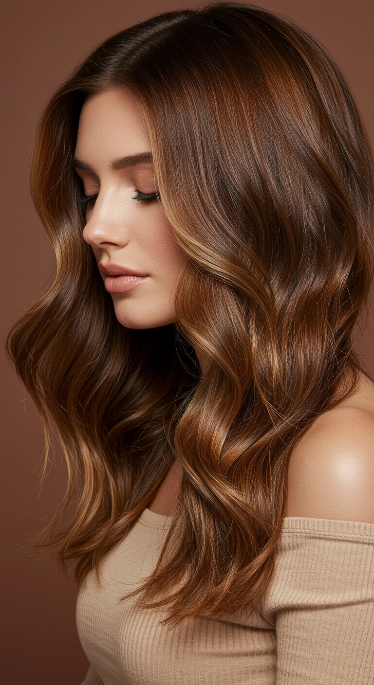 Glossy Chocolate Balayage Waves with Face-Framing Layers