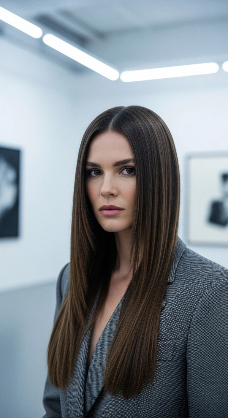 Liquid Ash Brown Sleek Silk Press with Long Layers