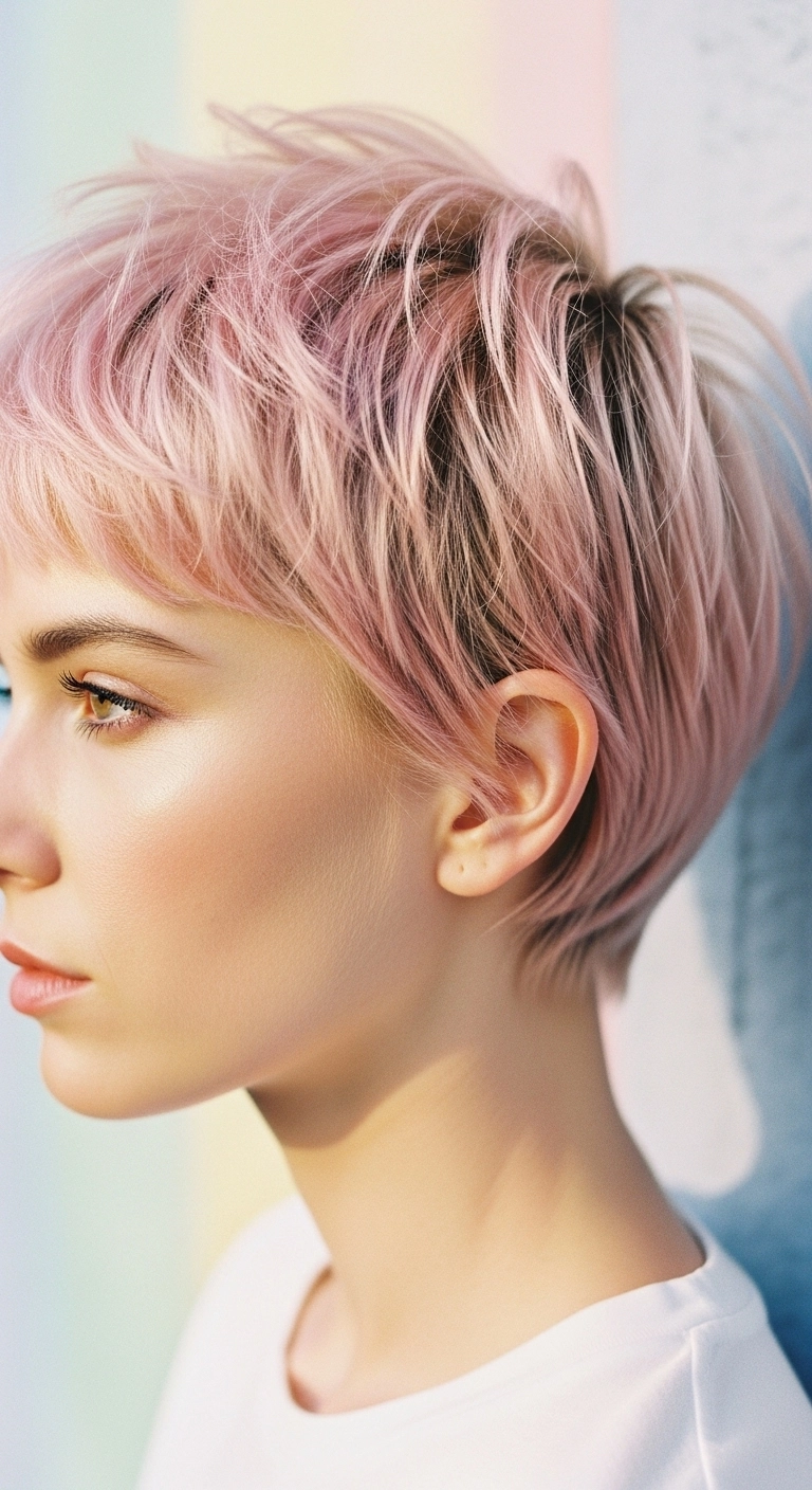 Textured Pastel Pink Pixie with Wispy Micro Bangs
