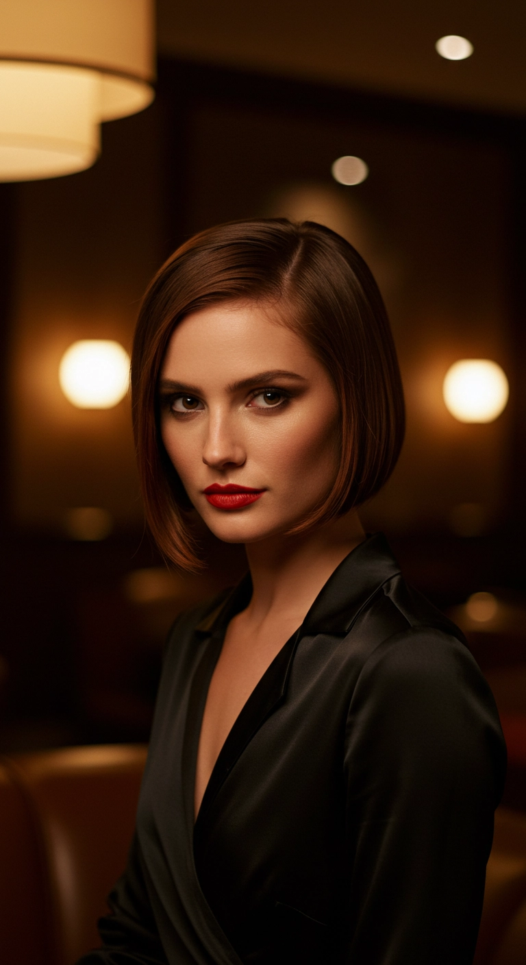 Glossy Sleek Italian Bob with Deep Side Part