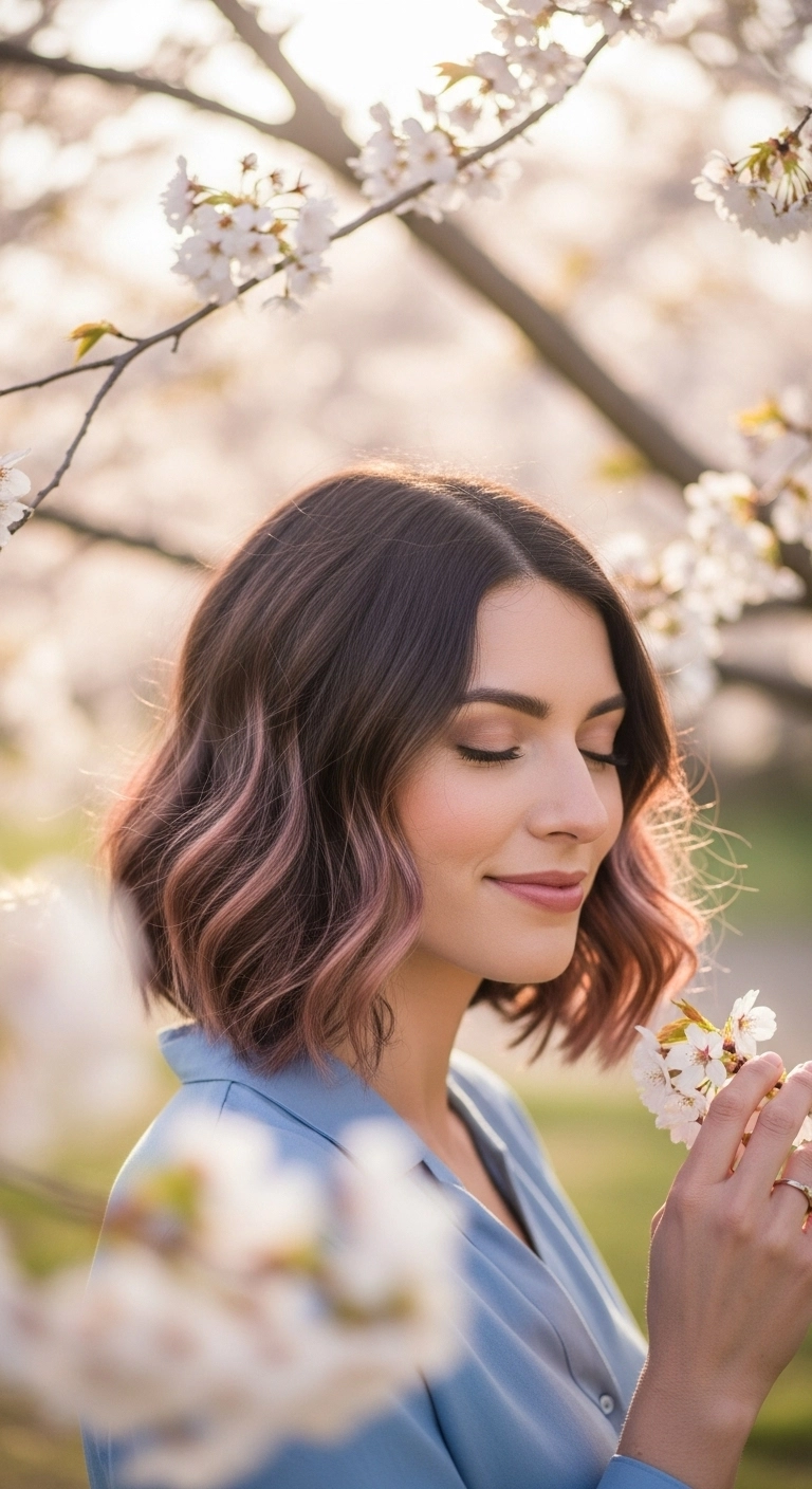 Wavy Brunette Bob with Dusty Rose Gold Balayage