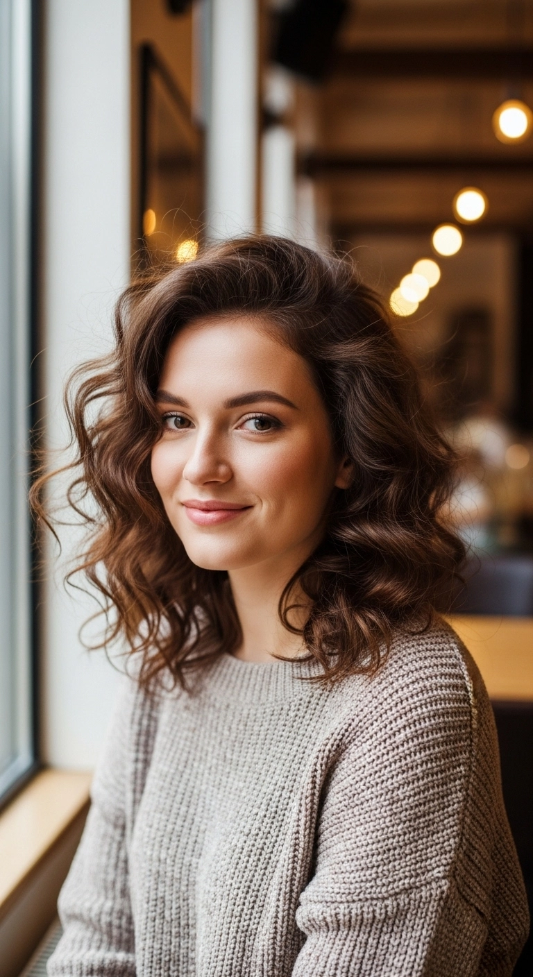 Voluminous Chocolate Brown Wavy Lob with Side Part