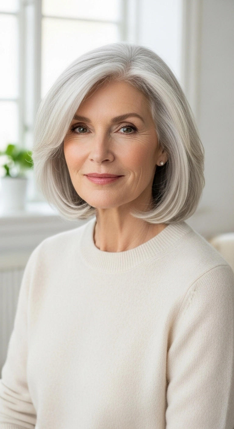 Voluminous Silver Lob with Face-Framing Layers