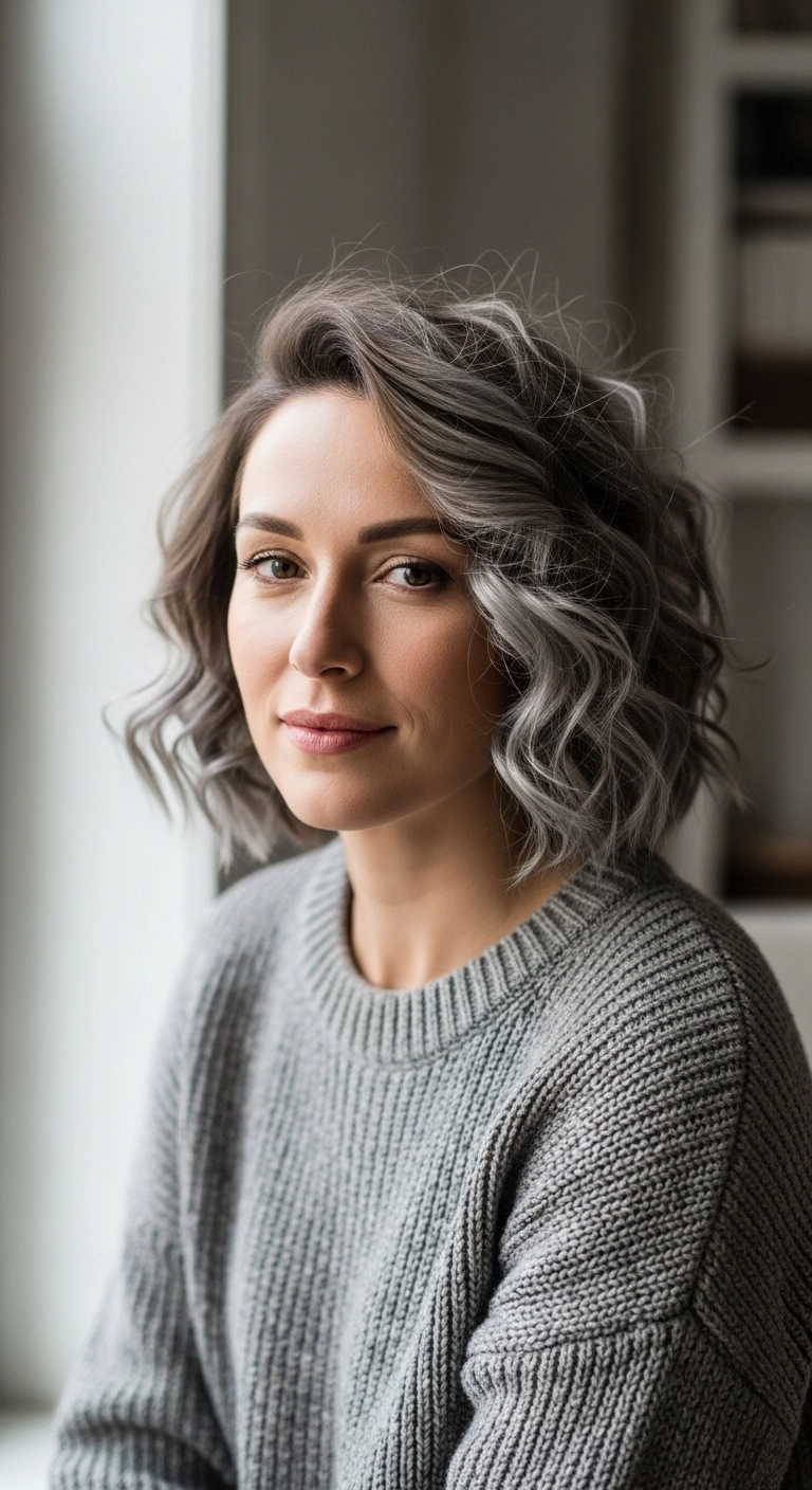 Smoky Charcoal and Silver Textured Wavy Bob