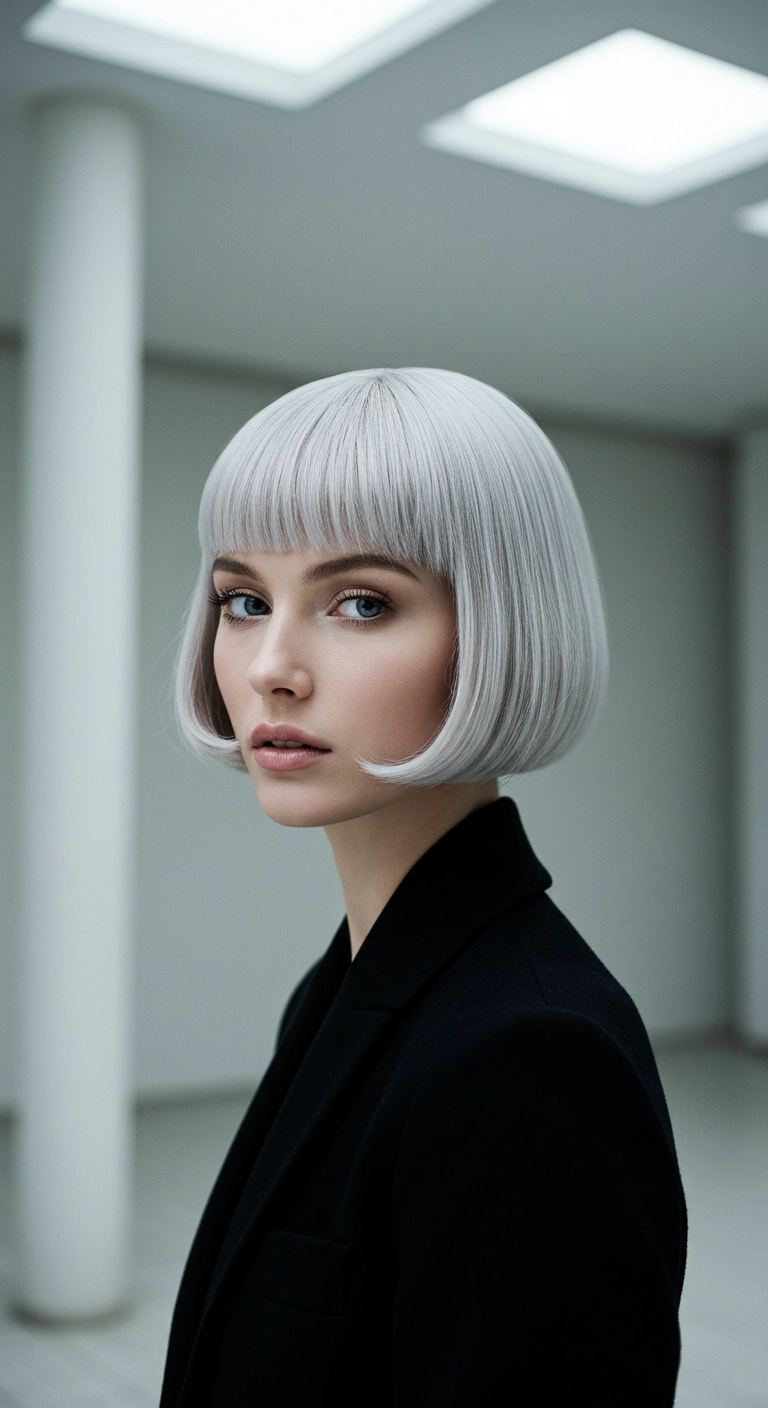 Icy Silver Jawline Bob with Precision Fringe
